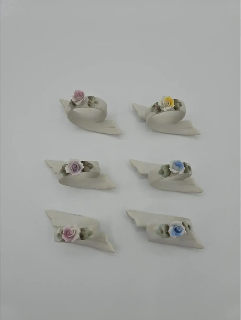 Vintage Set of 6 Rose Pink Yellow Blue Porcelain Napkin Rings Made In Japan